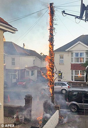 A telegraph pole on fire