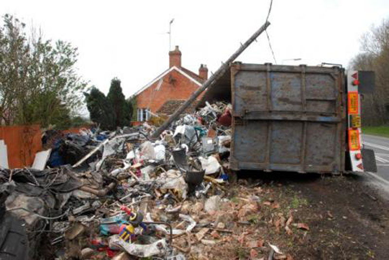A smashed telegraph pole near Bridgewater in Somerset