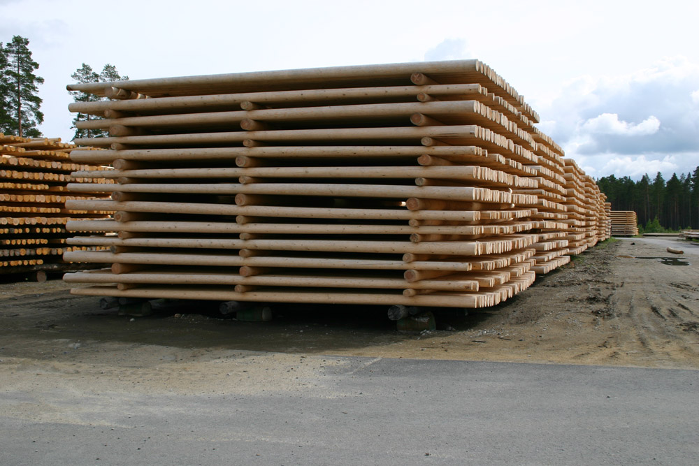 A stack of naked telegraph poles in Sweden