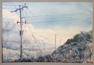 Painting by Sana showing power poles in country scene