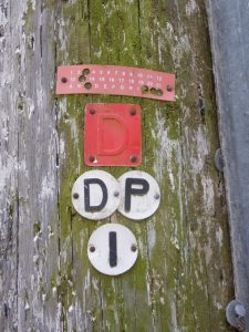 The markings on a very tall telegraph pole in a courtyard in Topsham showing a D plate.