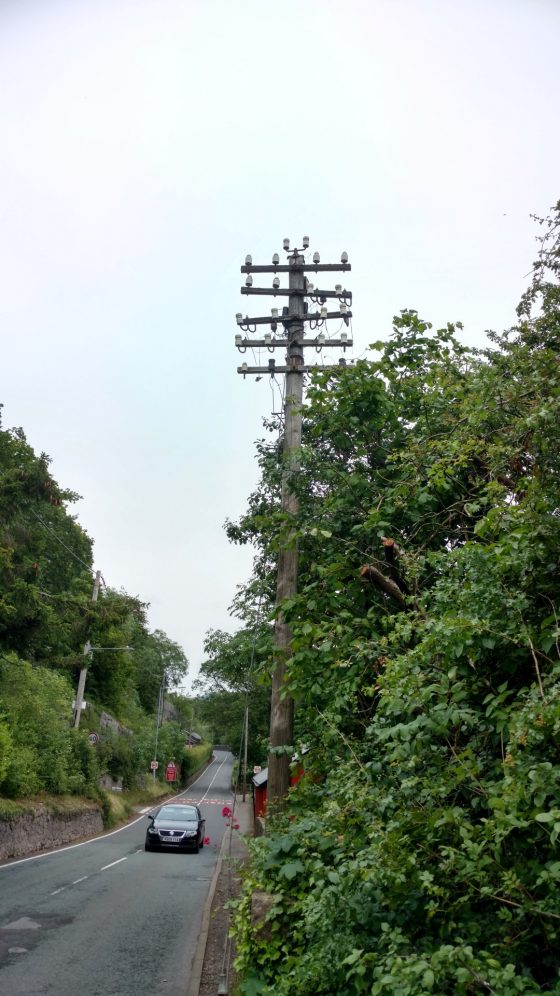 a 1932 5 armed telegraph pole near Ruthin, North Wales.