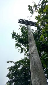 view from beneath of a a 1932 5 armed telegraph pole near Ruthin, North Wales.