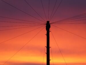 A DP (Distribution Pole) carrying 21 drop wires radiating from the top silhouetted against a dawn sky grading from orange to purple.