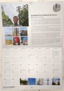 The page from November of the Dull Men's Club Calendar 2021 featuring Martin Evans and The Telegraph Pole Appreciation Society. yay!