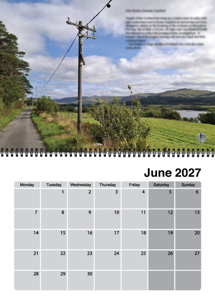 A mockup of the June 2027 calendar page with a country lane one the left and on the right hand verge a 2 armed pole with half an arm hanging off. A field and then water on the right