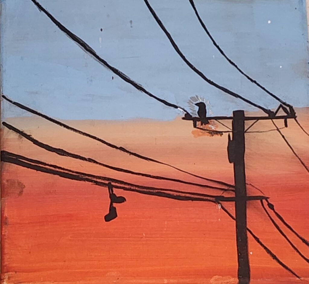 A water colour painting of a power pole with boots hanging off a wire.